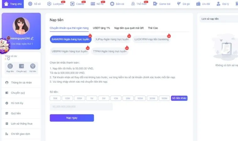 Nạp Tiền 123Win Nhanh Chóng Để Săn Thưởng Lớn Ngay Hôm Nay 2 Giao diện nạp tiền 123Win